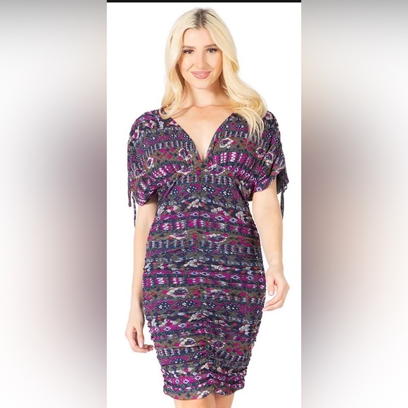 Vertigo the masai purple‎ combo Printed ruched V-Neck mini Dress size large new - Picture 2 of 8